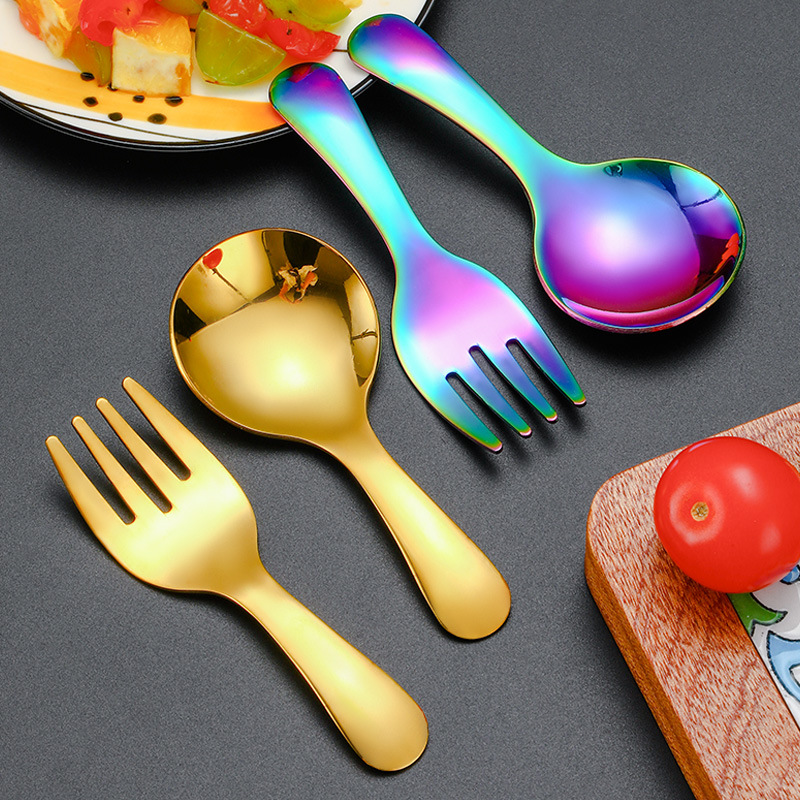 Creativo 304 cuchara de bebé de acero inoxidable mango corto tenedor cuchara traje de postre dorado cuchara tenedor helado cuchara niños vajilla