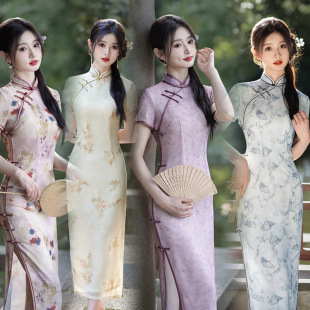 2025 New Chinese Style Summer and Autumn New Cheongsam Mid-Length Double-Layer Chiffon Improved Slim Fit Women's Wholesale Direct Sales