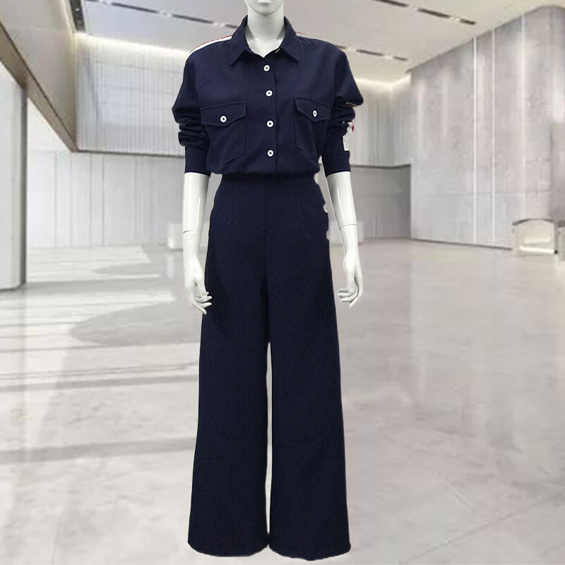 明星同款2023新款拼接红白织带蓝色宽松长袖衬衫下阔腿裤套装女