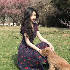 法式连衣裙女夏季复古优雅气质温柔风领中长款收腰显瘦打底长裙