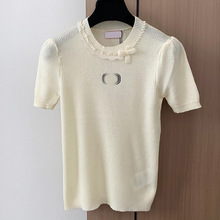 VA华伦家南油高端女装重工钉珠纯色圆领蕾边短袖修身显瘦针织衫女