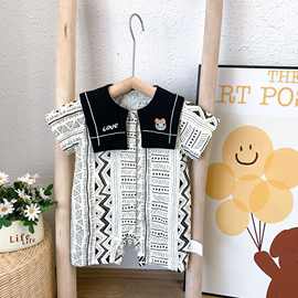 韩版夏季新款男女宝宝度假风连体衣婴儿短袖哈衣爬服条纹洋气可爱