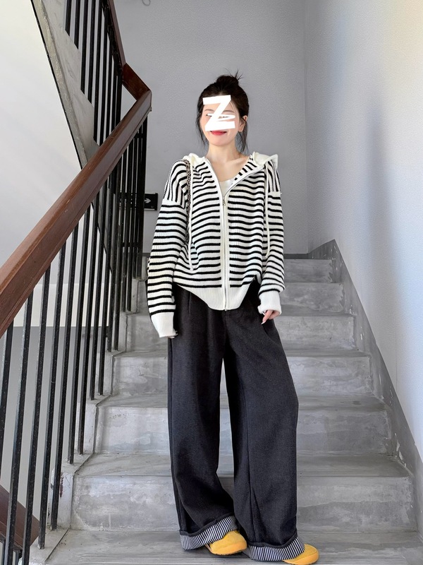 韩系抽绳连帽条纹针织开衫女秋季宽松百搭慵懒凤外穿毛衣上衣外套|undefined