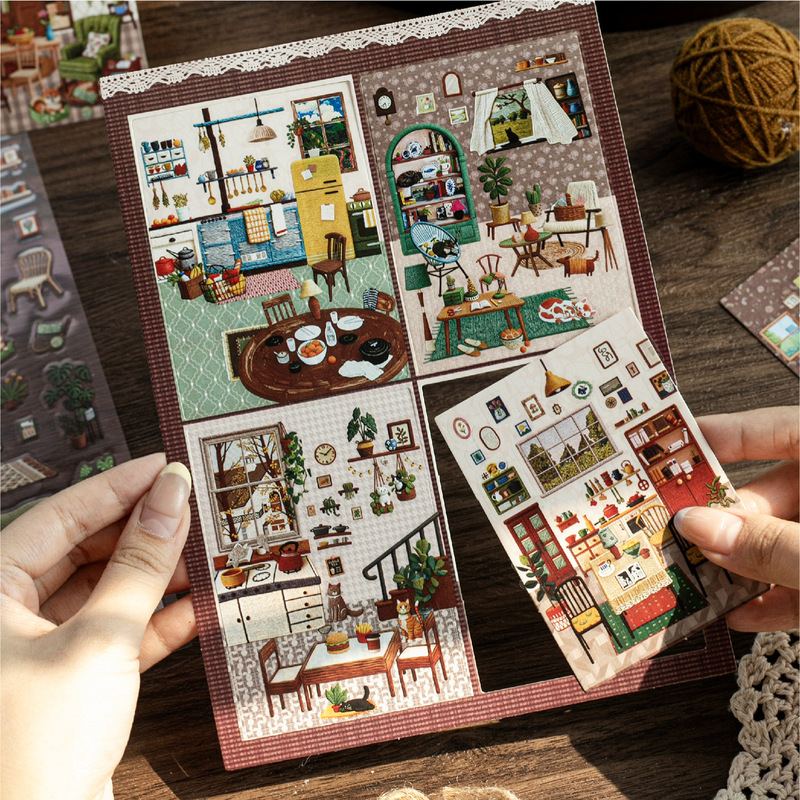 Yanji My Room Series Embroidery Style Scenery Stickers 4 Styles Cozy Home Cottage Journal Collage Materials