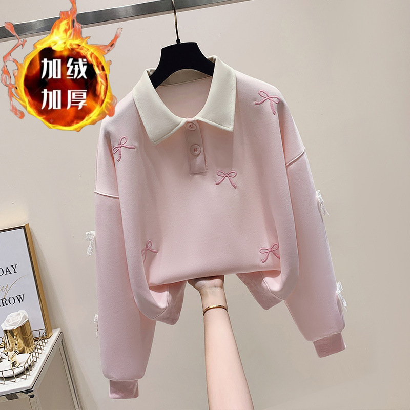Bow Embroidered Polo Collar Sweatshirt for Girls Spring & Fall New Style Sweet Fashion Top for Middle and High School Students