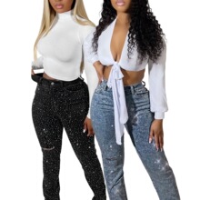 HR88028 欧美时尚女装 跨境货源 烫钻修身口袋破洞毛边牛仔裤长裤