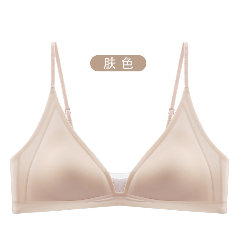 Copa triangular francesa gelatina desnuda sensación suave soporte transpirable sin anillo de acero delgado sostén de texto pequeño fila dos botones ropa interior sin marcas mujeres