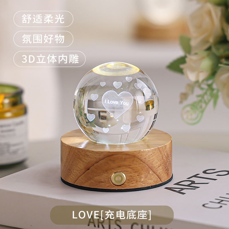 Lámpara de Noche de Bola de Cristal 3D de Cristal y Madera Giratoria para Dormitorio