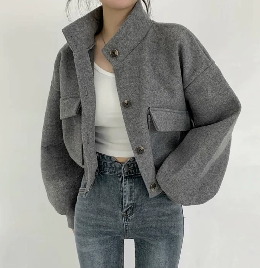 Демисезонное oversize короткое шерстяное пальто, корейский стиль, шерстяная смесь, абрикосовый/черный/серый