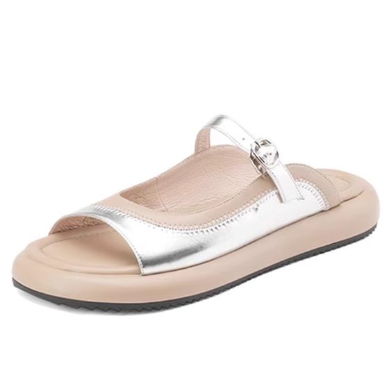 Qiyan Qiyan Giant Wear ~ Soft Leather Round Head Color Spliced Open Toe Women's Casual Thick Bottom Sandals