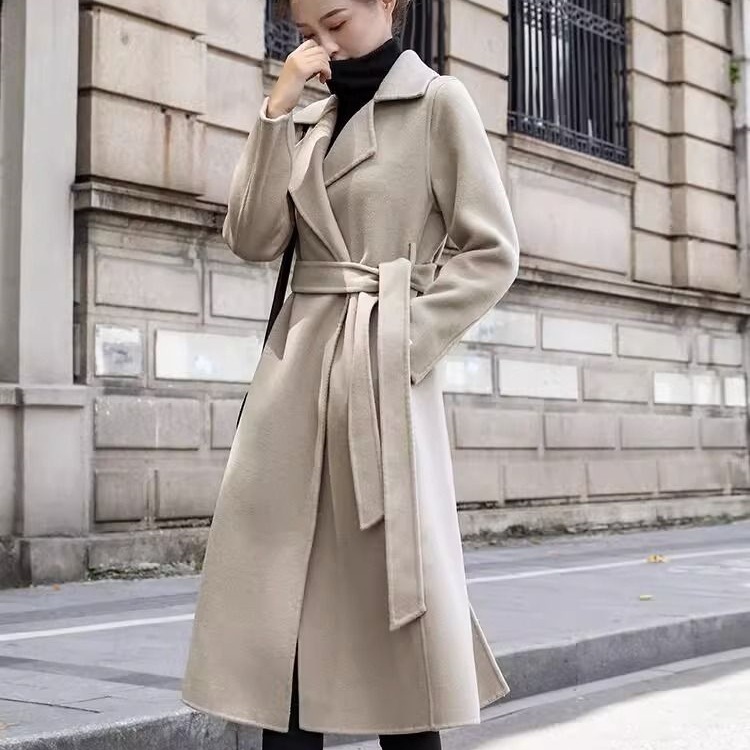 呢外套女冬季小个子时尚大衣西装领系带中长款韩版赫本风衣