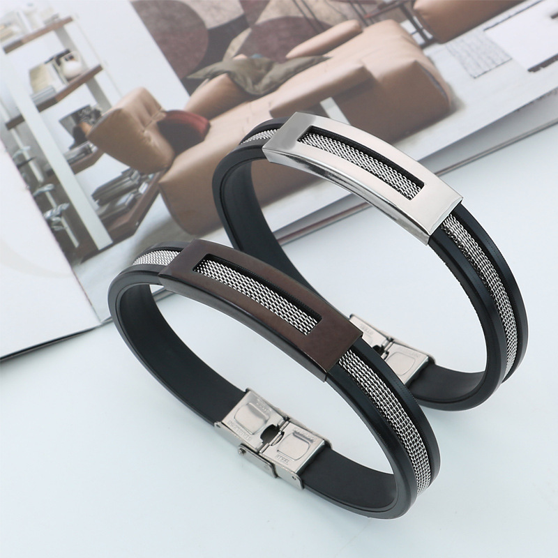 Amazon new hot-selling jewelry creative hollow stainless steel electroplating men's silicone bracelet accessories wholesale