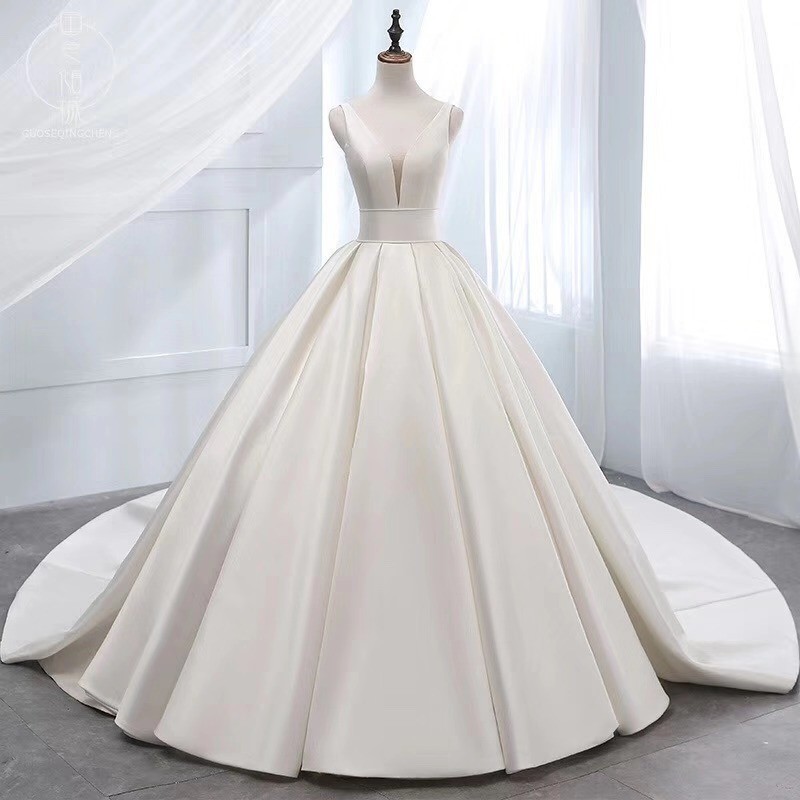 Nuevo vestido de novia 2025 primavera, comercio exterior transfronterizo, Amazon, vestido de novia de satén francés de doble hombro, sencillo, de cintura media, talla grande