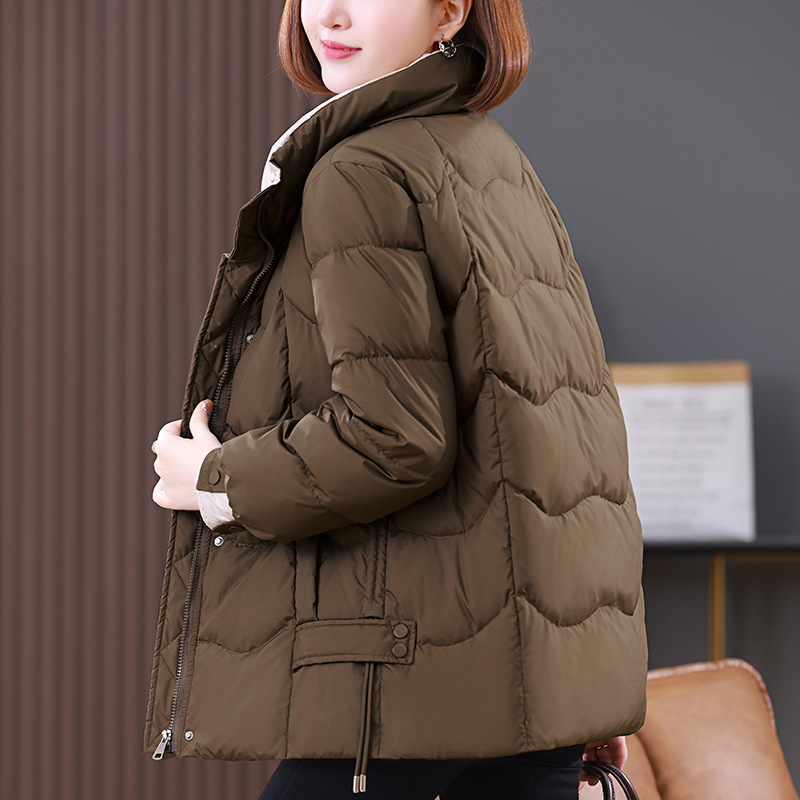 레드 스탠드 칼라 다운 코튼 패딩 재킷 여성용 짧은 2024 겨울 새로운 패션 심플한면 패딩 재킷