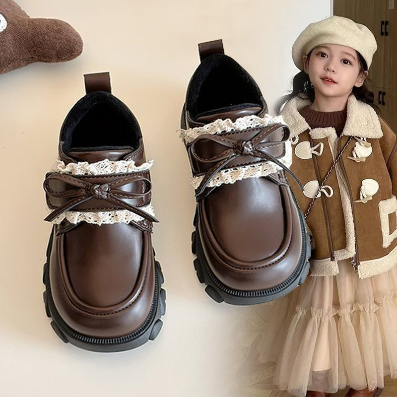 Girls Princess Shoes 2025 Autumn and Winter New Children's Sweet Little Leather Shoes Princess Easiest for Match Velvet Style Loafers Cotton Shoes