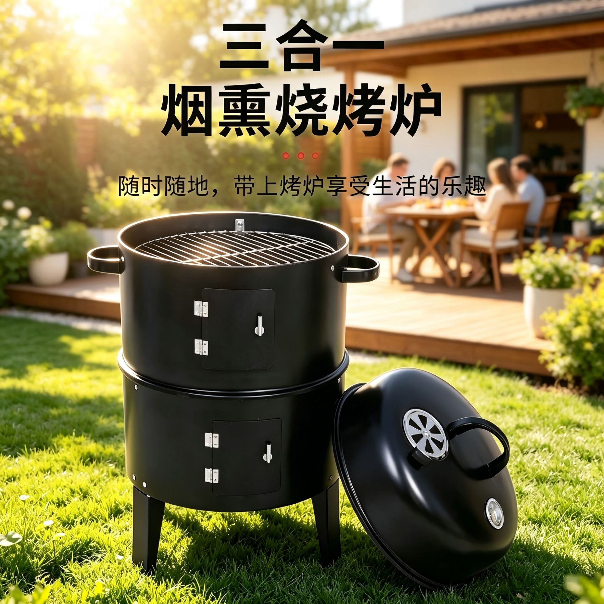 双层烟熏炉木碳烧烤炉烤鸭熏香肠家用熏腊肉桶熏鱼烤红薯地瓜桶