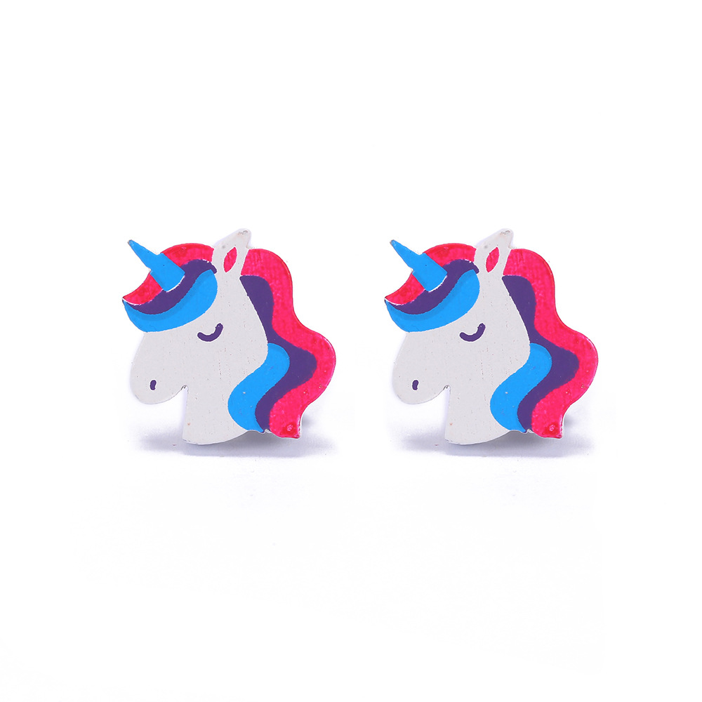 Cartoon Style Rabbit Unicorn Wood Stoving Varnish Womenu0027S Ear clips 1 Pair