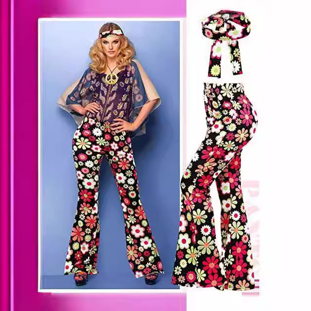 2026 Amazon Hot Selling Women's Hippie Clothing Fashionable Wide-Leg Flared Pants Color-Block Printed Trousers + Headscarf
