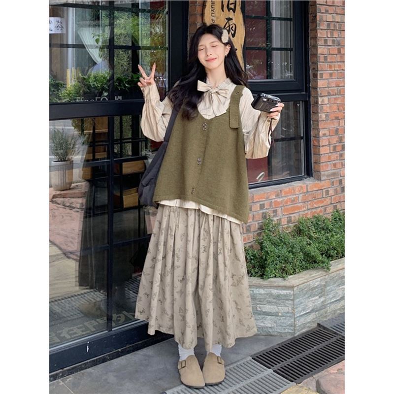 系带长袖衬衫叠穿针织马甲背心毛衣两件套女秋冬印花半身长裙套装|undefined