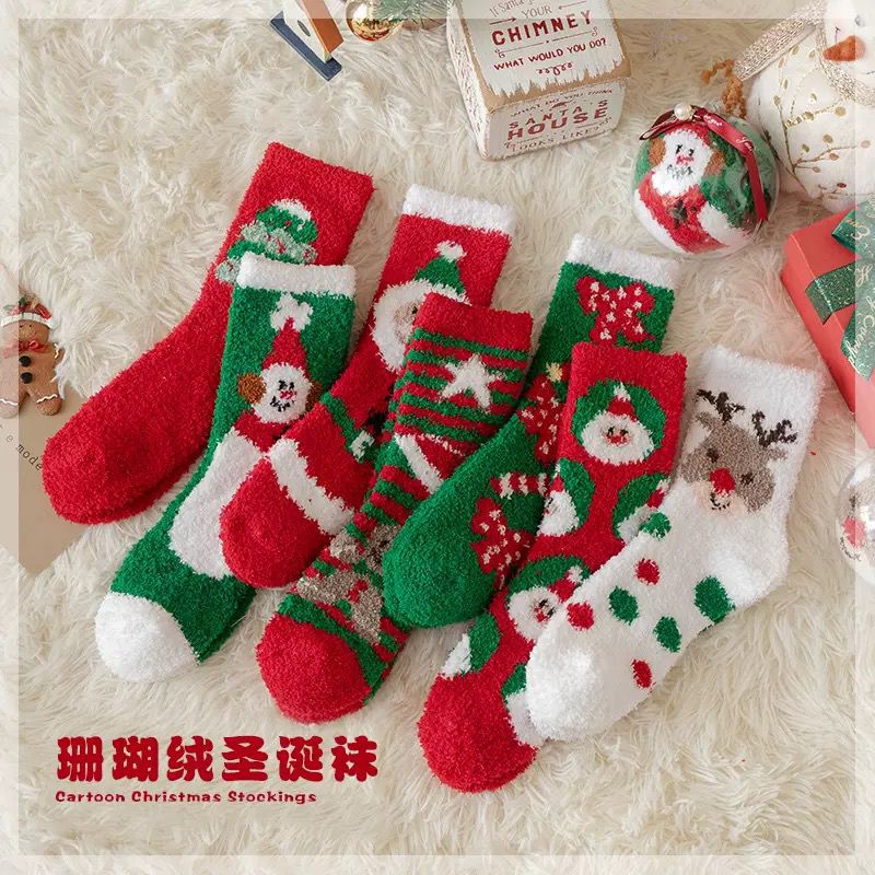 Christmas Socks Coral Velvet Floor Socks Autumn and Winter Fleece-Lined Thickeneded Holiday Gift Socks Cute Elk Snowman Women's High Socks