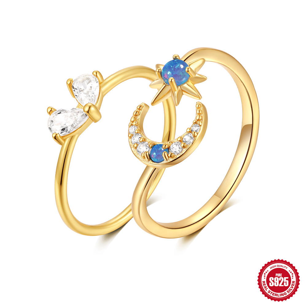 Nuevo anillo de luna estrella de lujo ligero de plata de ley s925