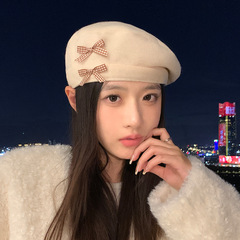甜美可爱百搭蝴蝶结贝雷帽秋冬休闲韩版大头围画家帽时尚报童帽新