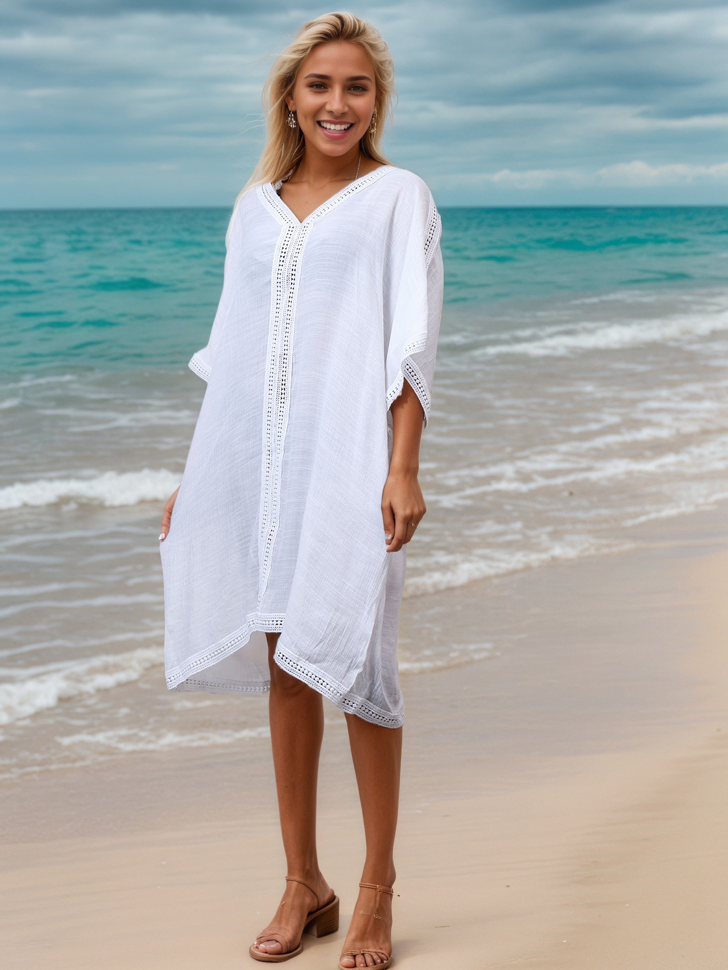 Cubierta de playa de algodón y bambú para protección solar, holgada, talla grande, sexy y ligera.