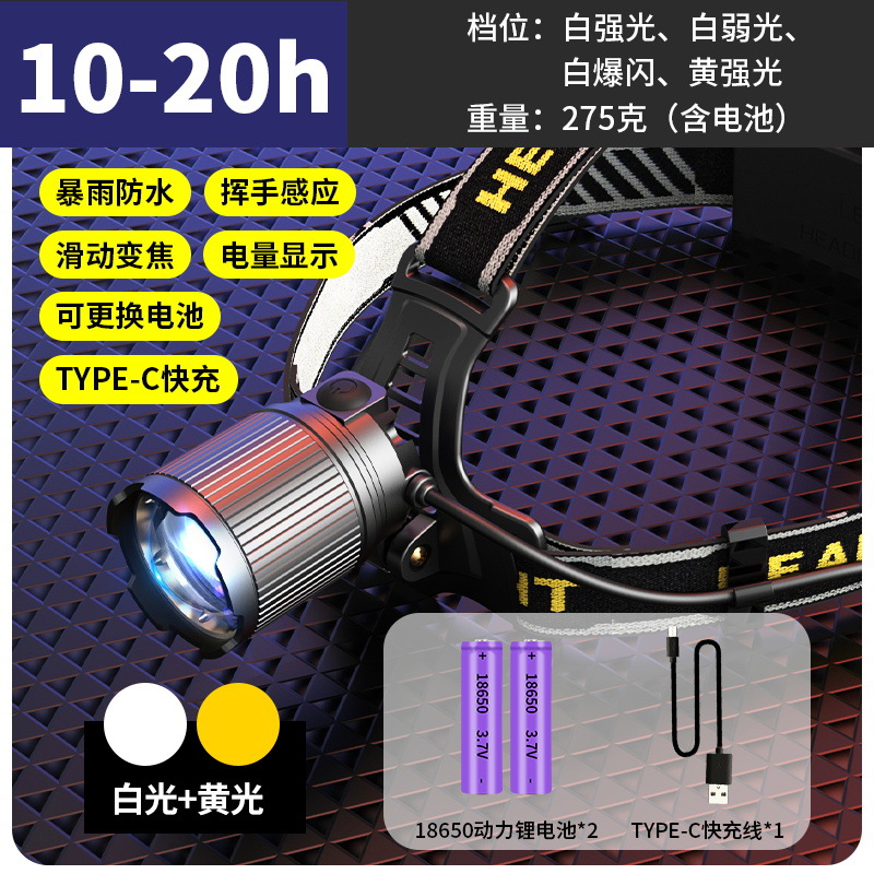 Transfronterizo doble fuente de luz inductiva auricular luz amarilla luz blanca láser luz intensa carga luz de cabeza led zoom luz de pesca nocturna image 9