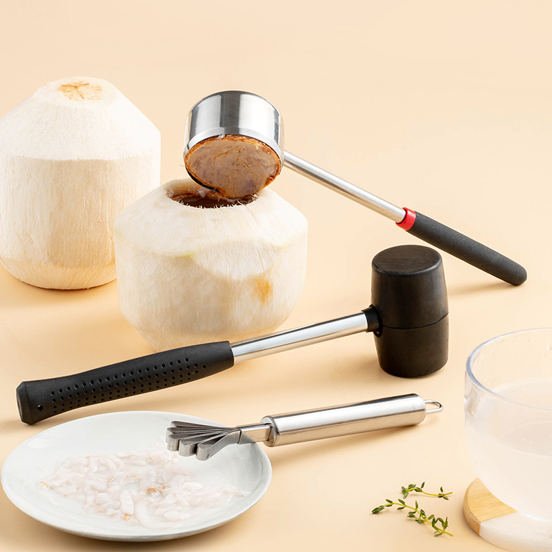 Stainless steel coconut opener set, including a coconut hole punch and a meat scraper, a portable coconut opener tool set for home use