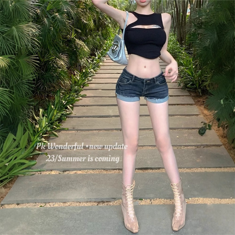 Blue Denim Ultra-Short Shorts for Women, Summer Sexy Low-Waist Rolled Hem Pants, American Style Hot and Tight-Fitting Hip-Hugging Hot Pants for Outerwear