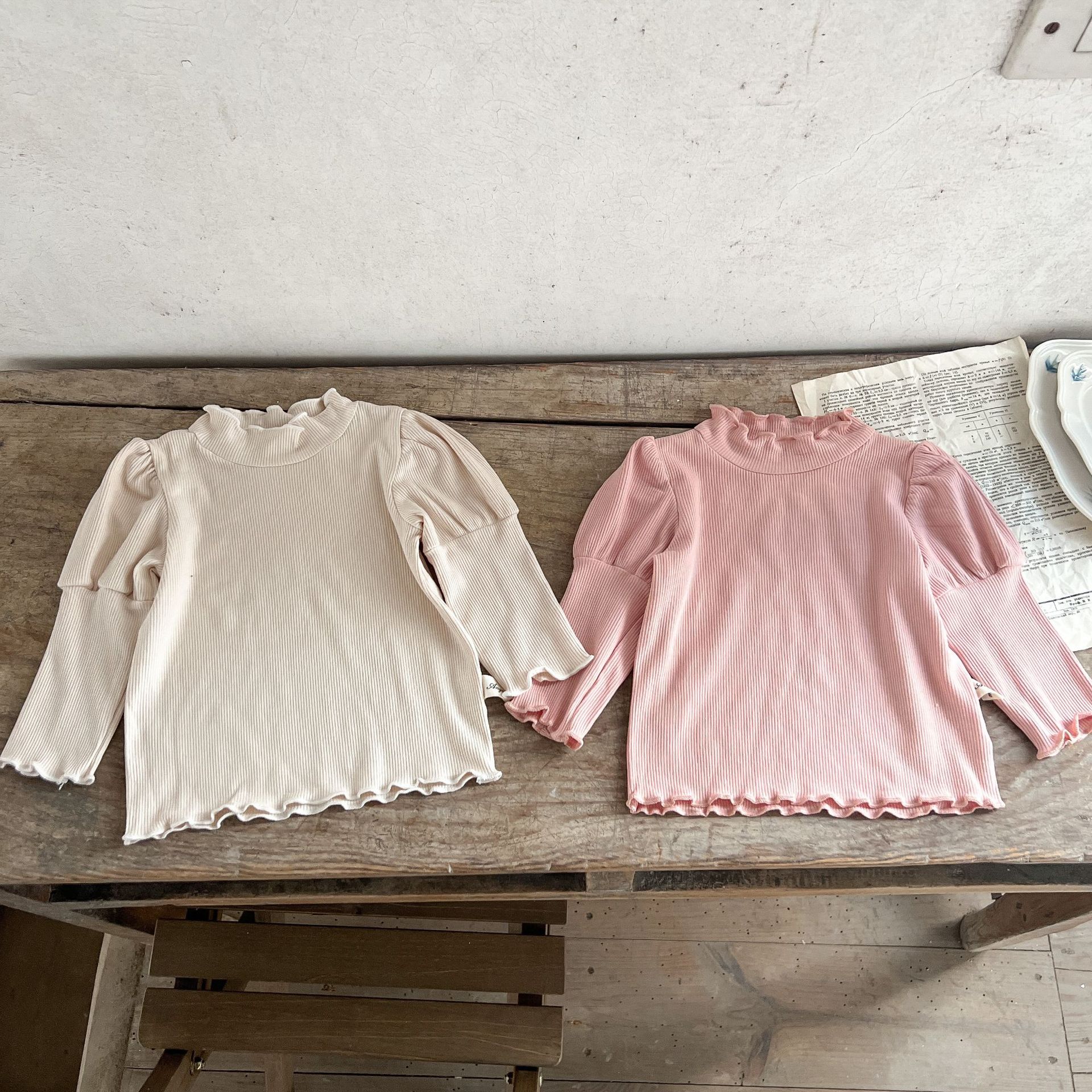 Half turtleneck cotton baby bottoming shirt with fungus edges inside spring clothing. Baby girl's bubble long-sleeved T-shirt top 0-2 years old