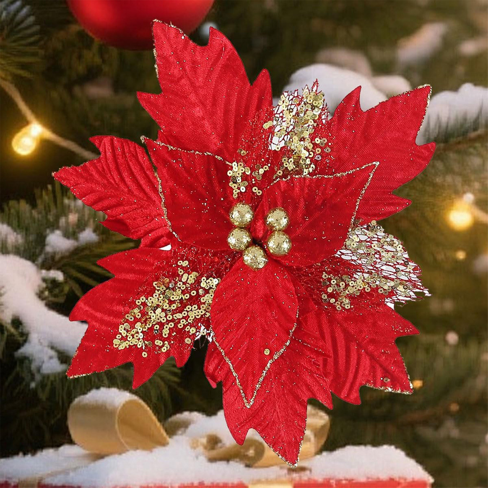 12 flores de Navidad en stock flores de polvo de oro accesorios de guirnaldas de árbol de Navidad colgantes de flores de decoración de Navidad flores falsas