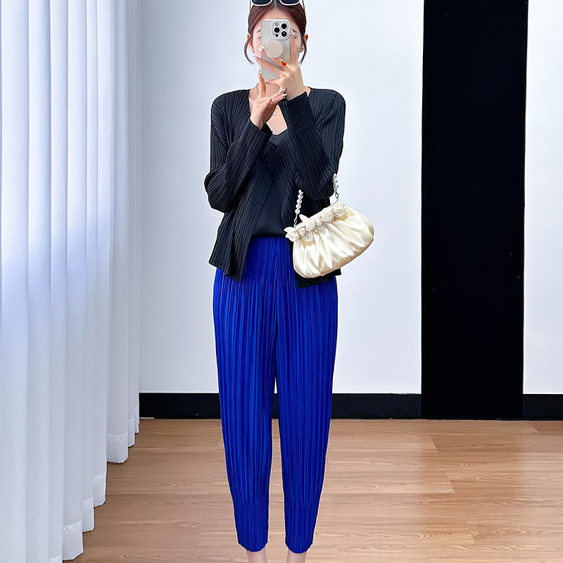 Miyake 2024 Summer New Fashion Set Casual Comfortable Versatile Solid Color Long-Sleeve Top with Slim Carrot Pants