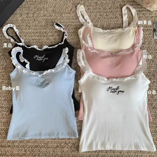 Women's Cotton Camisole Vest with Chest Pad with Lace and Ear Inner Wearing Outer Wearing Beautiful Back Sleeveless Tube Top Base Shirt