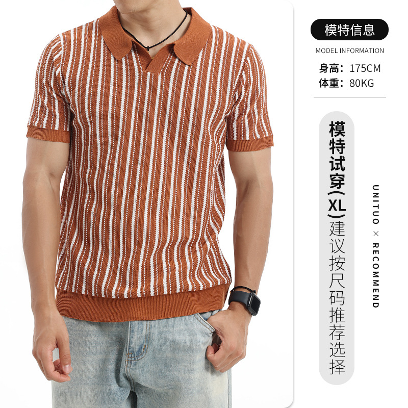 Vintage americano de punto hombre camisa de polo de hielo de manga corta con texturas verticales blindaje de cuello de verano casual hombre