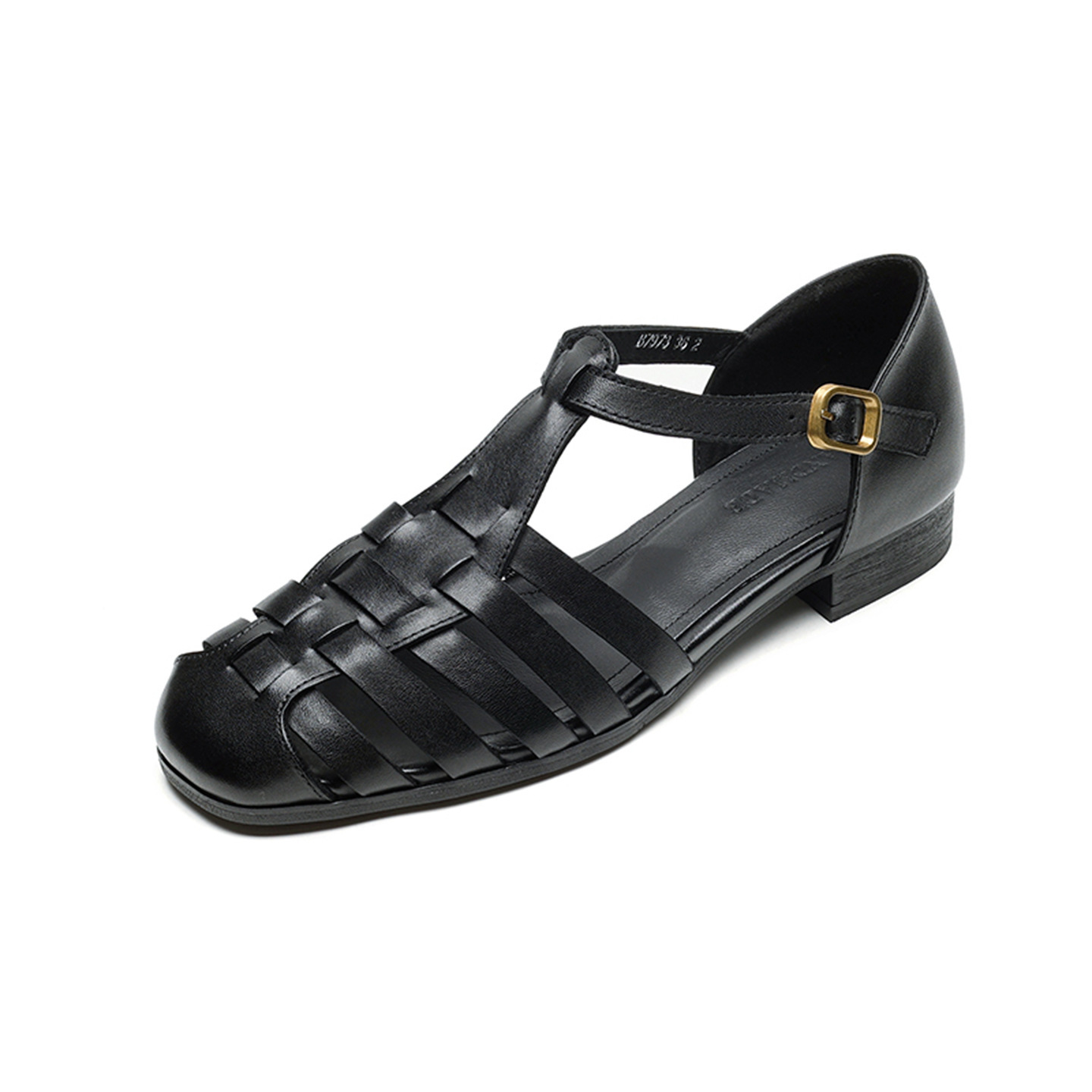 Sandal nữ da bò dệt rỗng quai chữ T phong cách Anh, mũi tròn đế bệt La Mã — màu nâu chi tiết 24