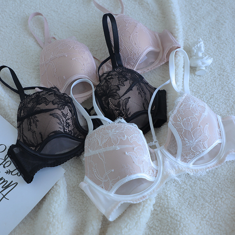 New Soft Steel Ring Spongeless Thin Cup Sexy Bra Set with French Straps for Large Chest and Small Underwear_voghion.com