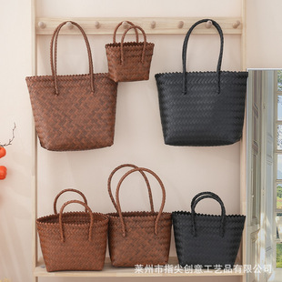 Simple Fashion Food Basket Plastic Woven Bag Shoulder Bag Women's Travel All-match Commuter Woven Bag Handmade Plastic Woven Bag