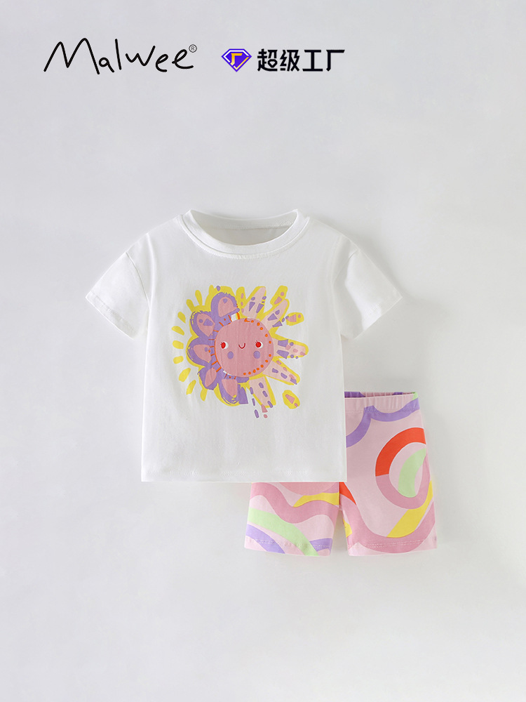 Traje de niña malwee transfronterizo verano nuevo traje de dos piezas casual de manga corta con cuello redondo para niños pequeños y medianos europeos y americanos