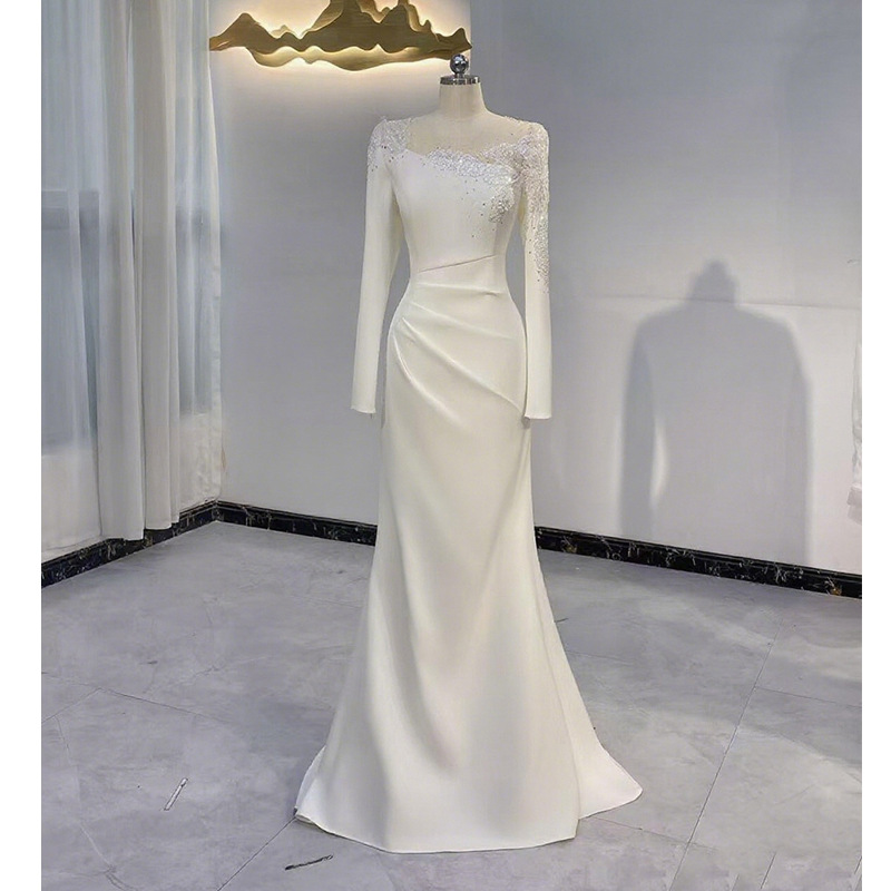 White Host Evening Gown Long-Sleeved Dignified and Elegant 2026 New Model Annual Meeting Fishtail Dress Solo Performance Conductor Costume