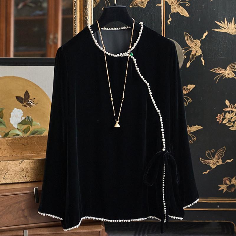 Damenbekleidung Luxuriöses Kleid mit damenhaftem Temperament, Perlenkragen, schrägem Kragen und Krawatte, lockere Hemdjacke aus Seidensamt_voghion.com