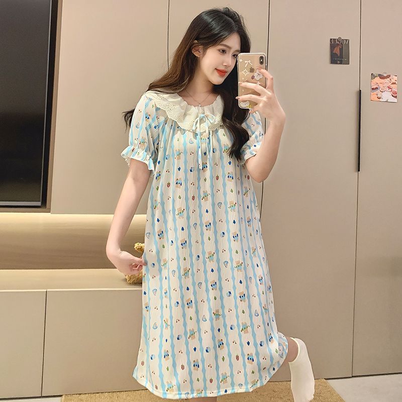 Venta al por mayor transfronteriza verano nuevo pijama mujer imitación algodón arrugado manga corta camisón de longitud media encaje lindo y dulce servicio a domicilio