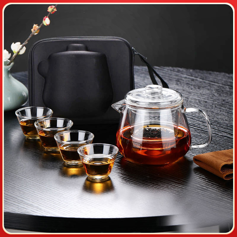 Glass Travel Tea Set Express Cup Portable Bag Small Set Gaiwan Single Person Tea Cup with Pot and Two Cups