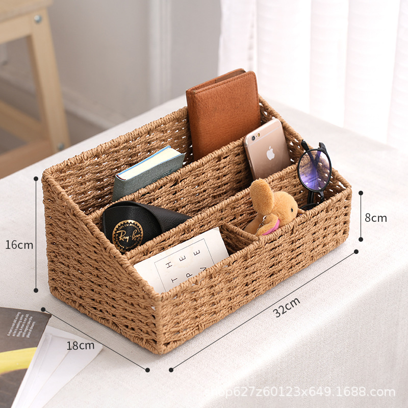 cuerda de papel trenzada estante de almacenamiento de escritorio multiplaca utensilios de oficina cosméticos papelería cesto de almacenamiento despeje