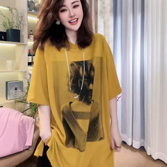 ネットセレブ人気の黄色半袖Tシャツ2025年夏新作ゆったりスリムミドル丈大きいサイズ薄手トップスイン