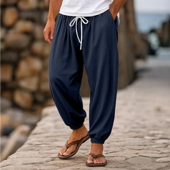 Cross-Border New Autumn Men's Cotton and Linen Jogger Pants with Elastic Waist, Solid Color, Comfortable and Breathable Jogger Pants for Export