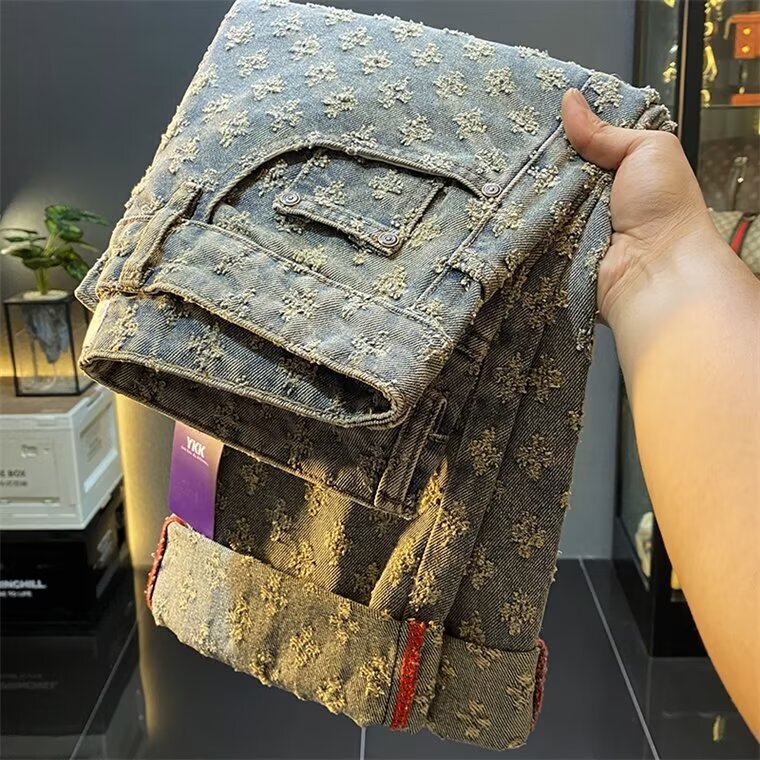 Heavy American Style Functional Style Zipper Logging Straight Jeans Men's European and American High Street Vibe Micro-Willow Nail Crane Pants