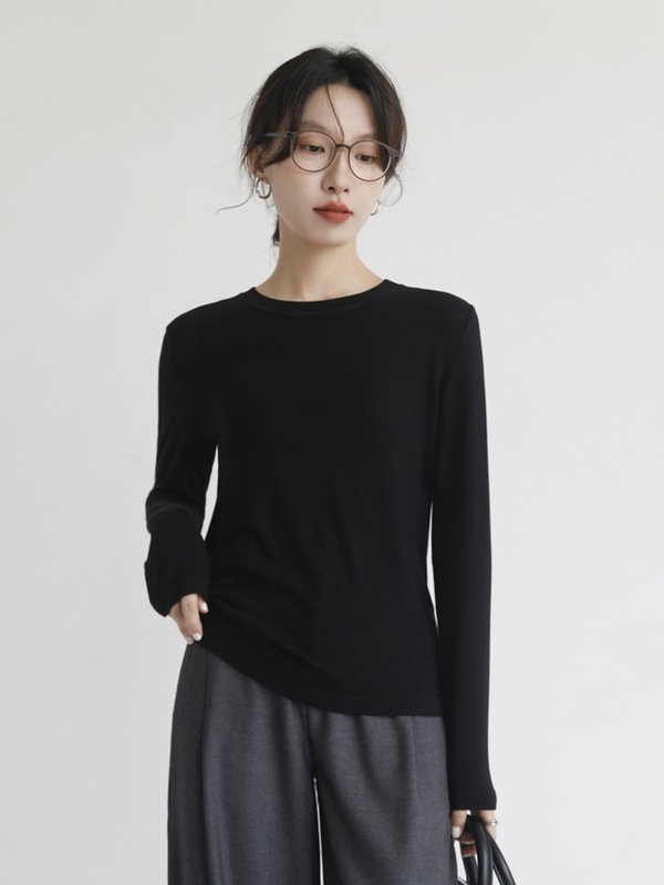 含羊毛T恤长袖女秋冬晴纶保暖针织衫修身气质内搭叠穿圆领打底衫|undefined