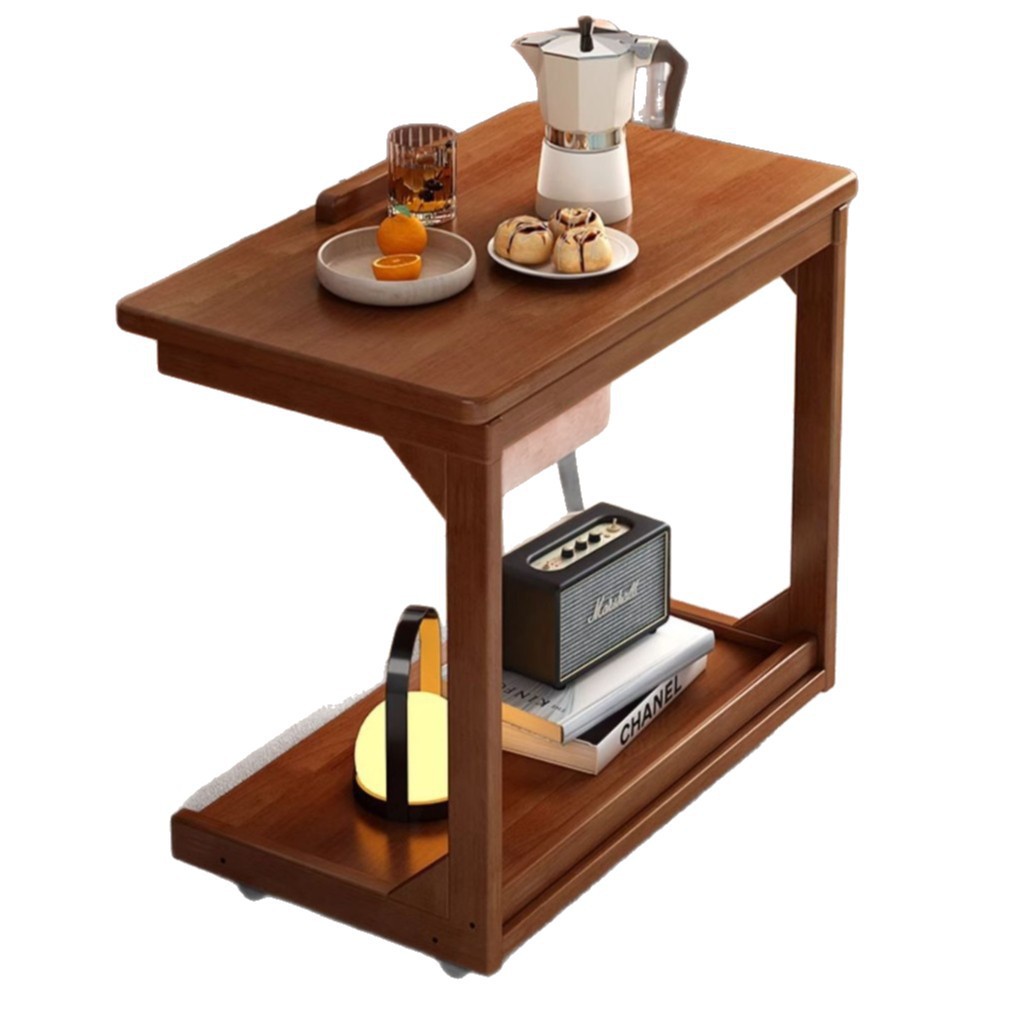 Mesa de té de madera sólida sofá de lado móvil mesilla de cabezal de cama con ruedas escritorio de sala de estar casero rack de almacenamiento simple rack