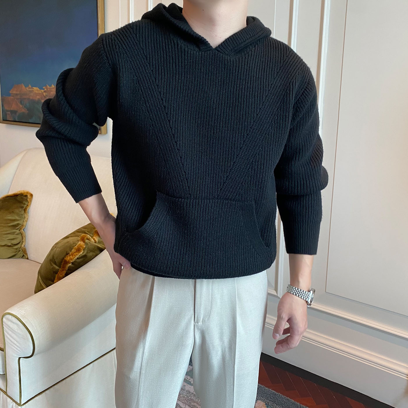 Herren-Strickpullover mit Kapuze – Stilvoller britischer Business-Casual-Wintermantel, warm und bequem, atmungsaktiv und maschinenwaschbar (Schwarz, Blau, Rot)_voghion.com